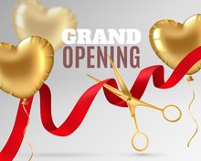 Grand Opening. Luxury Festive Invitation, Scissors Cut Red Silk Ribbon, Ceremony Opening Banner Design Or Promotion Flyer Vector Background