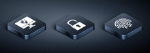 Set Isometric Computer Monitor And Shield , Fingerprint  And Open Padlock  Icon. Vector