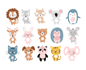 Cute animals, a large set of simple colorful cartoon characters for children. Wild, tropical, forest animals. Vector illustration isolated on a white background