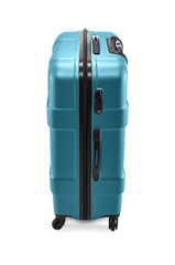 Wall Mural - Modern plastic turquoise suitcase on wheels for business trips