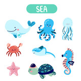 Fototapeta Dinusie - Set of cute vector sea animals for isolated elements for kids book decoration, postcard, educational game, sticker.. Collection of marine animals, creatures.