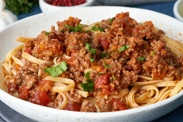 pasta bolognese linguine with mincemeat and tomatoes, parmesan cheese. side view, close up