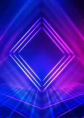 Dark abstract futuristic background. Geometric laser figure in the center of the stage. Neon blue-pink rays of light on a dark background