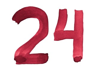 Watercolor numbers, hand-drawn by brush. Burgundy vintage symbol. Template for greetings, design, postcards, decoration.