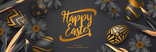 Elegant Luxury Black And Gold Happy Easter Celebration Banner With Daisy Flowers And Eggs Vector Illustration