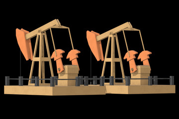 Oil well rig jack. Finance economy polygonal petrol production. Petroleum fuel industry pumpjack derricks pumping drilling. 3d render illustration on black background.