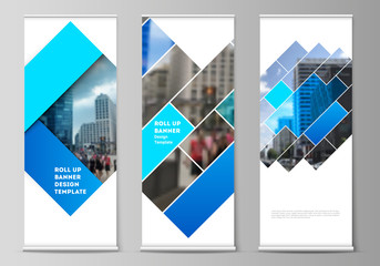 Wall Mural - The vector illustration of the editable layout of roll up banner stands, vertical flyers, flags design business templates. Abstract geometric pattern creative modern blue background with rectangles.