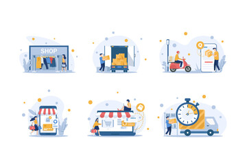Poster - Modern flat design concept of online shopping with small people,mobile website development. UI and UX design,Delivery man ride Motorcycle and Order from phone