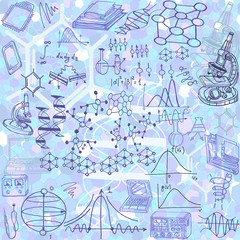 Wall Mural - abstract science or education illustration with fictional molecular structure, formulas, graphs, boo