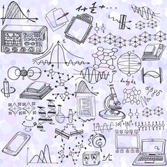 Wall Mural - abstract science or education illustration with decorative formulas, scientific instruments and grap