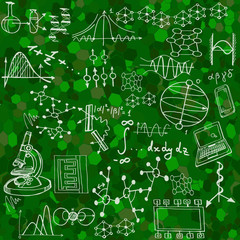 Wall Mural - colorful science or education illustration with decorative formulas and graphs. hand drawn.