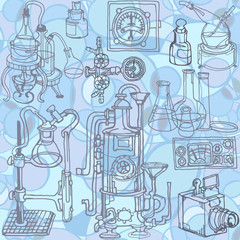 Wall Mural - physics or chemistry abstract illustration with parts of decorative lab tools and equipment. hand dr