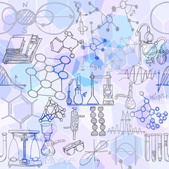 Wall Mural - physics, chemistry or education abstract illustration with decorative lab tools and diagrams. hand d