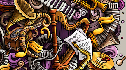  Classic Music hand drawn doodle banner. Cartoon detailed flyer.