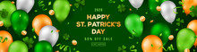 Saint Patrick's Day Horizontal Banner With Irish Colored Balloons On Green Background. Confetti, Clover And Golden Coins. Place For Text. Vector Illustration.