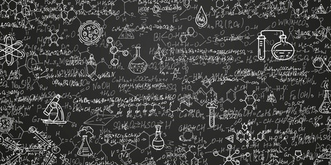 Wall Mural - chemical formulas on a black background .school writing board .scientific research - vector .