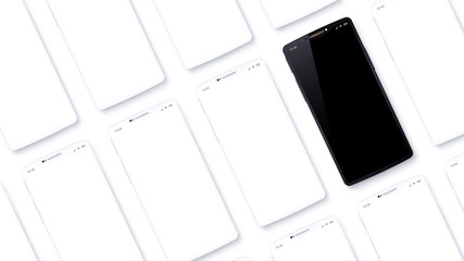 Rows of mobile phones are placed at an angle to the point of view. Vector set of imaginary smartphones. Black cell phone looks special among generic white devices. Angled flat lay. 3d realistic mockup