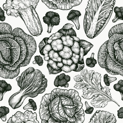 Hand drawn sketch vegetables. Organic fresh food vector seamless pattern. Retro vegetable background. Engraved style botanical illustrations.