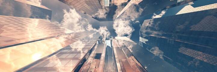 beautiful skyscrapers against the sky, modern high-rise buildings bottom view, 3d rendering