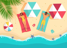 Tourist Man And Woman Lying On Beach Top Angle View Hello Summer Vacation Tropical Seaside Ocean Flat. Hello Summer, Summer Time, Summer Day, Summer Day Background, Summer Banners