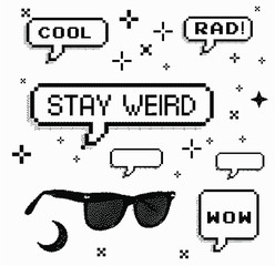 Poster - Set of different stickers: stars and sparkles, speech bubbles with text in pixel art 8-bit webpunk style.