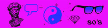 Set Of Different Stickers: Yin And Yang Symbol, Diamond, Speech Bubble And David Bust In Pixel Art 8-bit Stylization. Vaporwave And Webpunk Style Illustration For Fashion Prints, Badges And Pins.