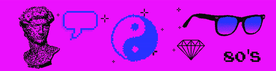 Aufkleber - Set of different stickers: Yin and yang symbol, diamond, speech bubble and David bust in pixel art 8-bit stylization. Vaporwave and webpunk style illustration for fashion prints, badges and pins.