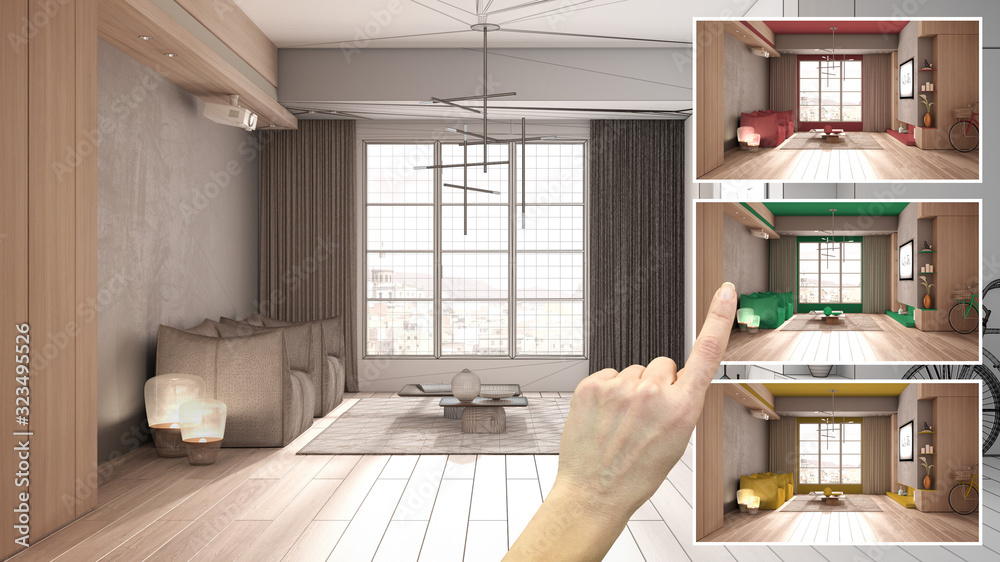 Architect designer concept, hand showing minimalist living room with ...