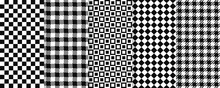 Chess Seamless Pattern. Vector. Plaid, Checkered, Square Textures. Gingham Pixel, Buffalo Textile Background. Set Retro Tartan Tile Prints. Geometric Black White Simple Design. Abstract Illustration.