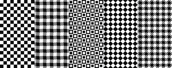 Chess seamless pattern. Vector. Plaid, checkered, square textures. Gingham pixel, buffalo textile background. Set retro tartan tile prints. Geometric black white simple design. Abstract illustration.