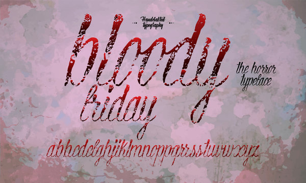 Halloween font. Horror alphabet letters written blood, scary bleed font, calligraphy isolated vector symbols illustration.