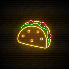 Wall Mural - Neon Taco sign. Mexican snack tacos in bright light neon style. Food Vector illustration.