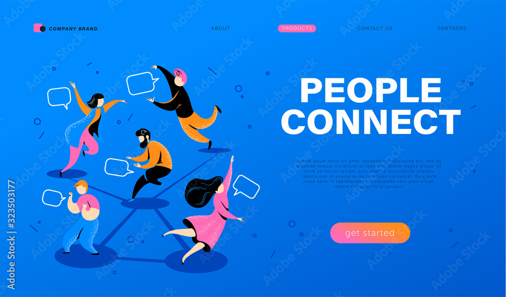 People connect concept. Landing page design template, webpage, ui, mobile app. People chatting, texting, communicating online together metaphor. Vector flat illustration. - obrazy, fototapety, plakaty 