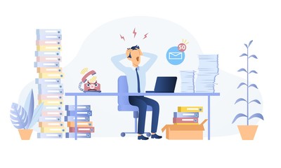 Stressed businessman throwing a tantrum in the office holding his hands to his head shouting while seated at a desk surrounded by files, vector illustration