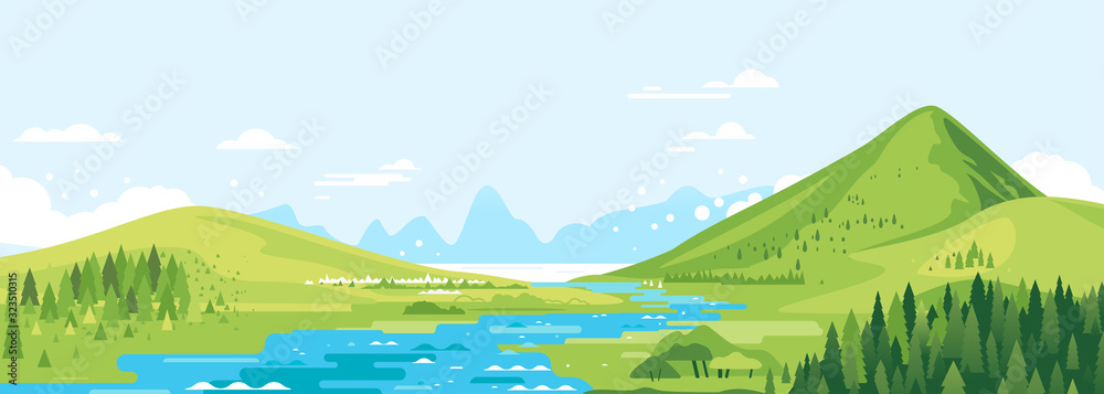 Green mountains in sunny day with river in valley and spruce forest in simple geometric form, nature tourism landscape background, travel mountains adventure illustration - obrazy, fototapety, plakaty 