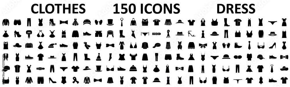 Clothes 150 icon set. Woman and man clothes and accessories collection, fashion wardrobe, dress isolated silhouettes of men and women clothing – stock vector - obrazy, fototapety, plakaty 