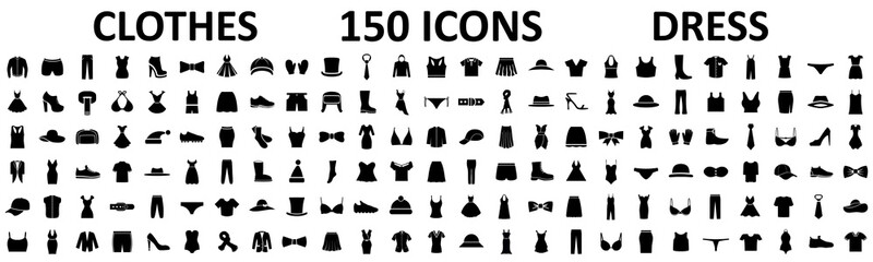Clothes 150 icon set. Woman and man clothes and accessories collection, fashion wardrobe, dress isolated silhouettes of men and women clothing – stock vector