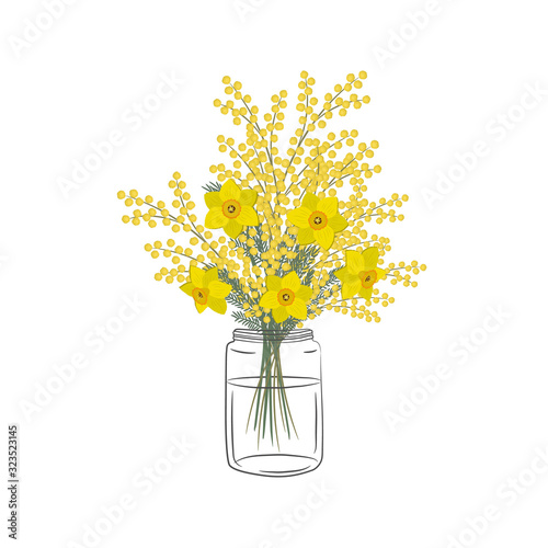 Mimosa and daffodils in a glass jar Poster Mural XXL