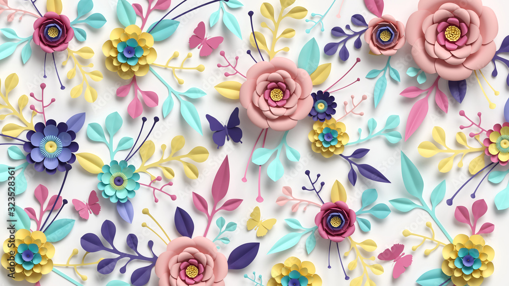 3d render, horizontal floral pattern. Abstract cut paper flowers isolated on white, botanical background. Rose, daisy, dahlia, butterfly, leaves in pastel colors. Modern decorative handmade design - obrazy, fototapety, plakaty 