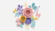 3d Render, Abstract Cut Paper Flowers Isolated On White, Botanical Background, Festive Floral Arrangement. Rose, Daisy, Dahlia, Butterfly And Leaves In Pastel Color Palette. Simple Modern Wall Decor
