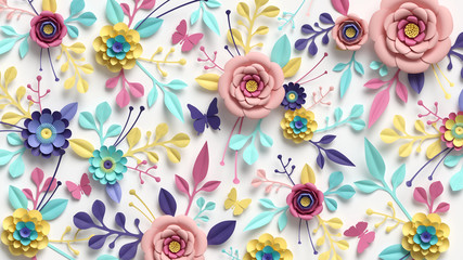 3d render, horizontal floral pattern. abstract cut paper flowers isolated on white, botanical backgr