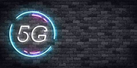 Vector realistic isolated neon sign of 5G flyer logo for template decoration and wallpaper covering on the wall background. Concept of network technology.