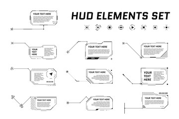 Poster - HUD futuristic style callout titles. Information call arrow box bars and modern digital info black frame layout templates. Interface UI and GUI element set. Vector illustration