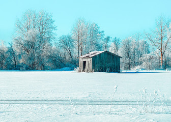 Canvas Print - Old barn in Snow winter at Christmas in Finland Lapland