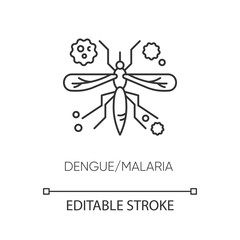 Sticker - Dengue, malaria pixel perfect linear icon. Thin line customizable illustration. Tropical infectious disease, mosquito borne illness contour symbol. Vector isolated outline drawing. Editable stroke