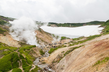 Small Valley of Geysers, Kamchatka Peninsula, Russia. This is a unique active fumarole field, the hot gases of which pass through the water of a cold stream, heating it and creating a gushing effect.