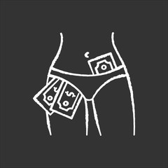 Poster - Striptease show chalk white icon on black background. Strip club, adult entertainment, sexy dancing. Female dancer, stripper with money in panties isolated vector chalkboard illustration