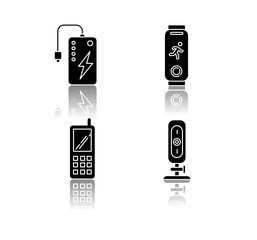 Poster - Mobile devices drop shadow black glyph icons set. Pocket electronic gadgets. Smart technology. Powerbank. Fitness tracker. Cell phone, web camera. Isolated vector illustrations on white space