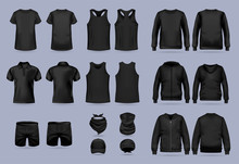 Blank Black Collection Of Men's Clothing Templates. T-shirt, Hoodie, Sweatshirt, Short Sleeve Polo Shirt, Jacket Bomber, Head Bandanas And Cap, Tank Top, Neck Scarf And Buff. Realistic Vector Mock Up