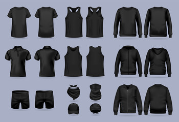 Blank black collection of men's clothing templates. T-shirt, hoodie, sweatshirt, short sleeve polo shirt, jacket bomber, head bandanas and cap, tank top, neck scarf and buff. Realistic vector mock up